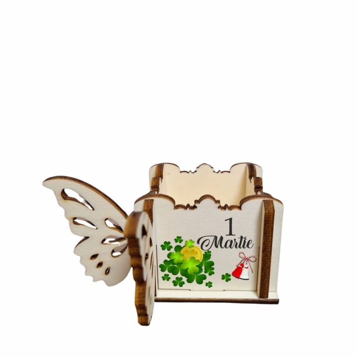 Cutie Mini Aranjamente Florale, Lemn, Fluture, 1 Martie, 10x10x5 cm, CAUV063 - imagine 4