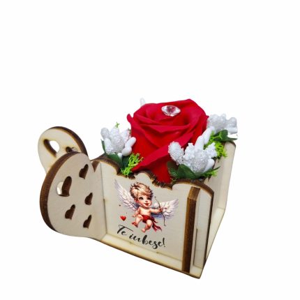 Martisor in Cutie, Trandafir de Sapun, Licheni, Te iubesc, 9,5x9,5 cm, Rosu, CMUV001