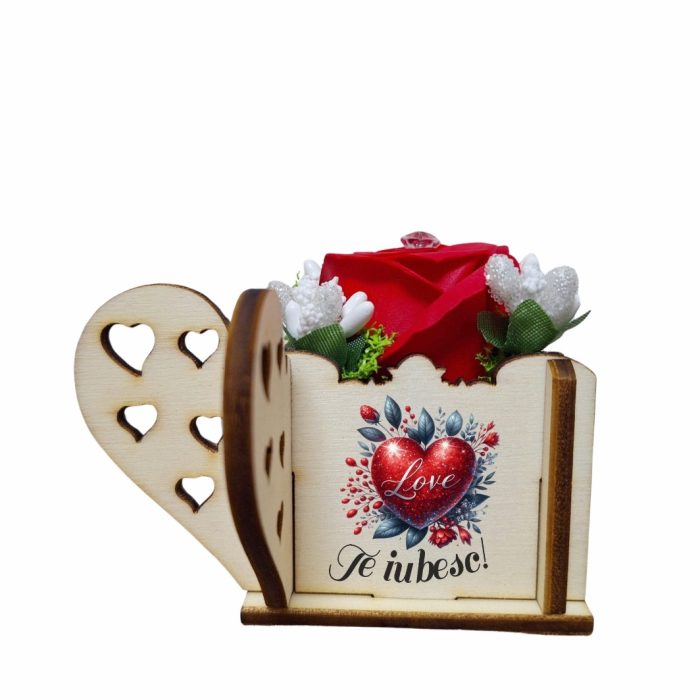 Martisor in Cutie, Trandafir de Sapun, Licheni, Te iubesc, 9,5x9,5 cm, Rosu, CMUV003 - imagine 2