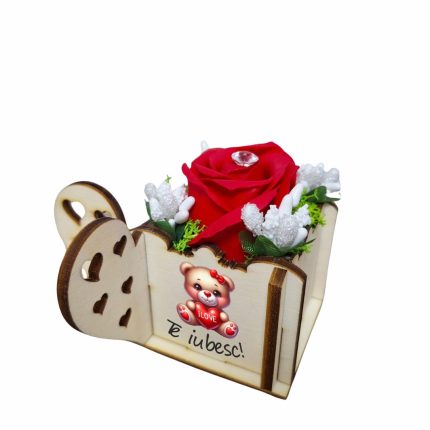 Martisor in Cutie, Trandafir de Sapun, Licheni, Te iubesc, 9,5x9,5 cm, Rosu, CMUV004
