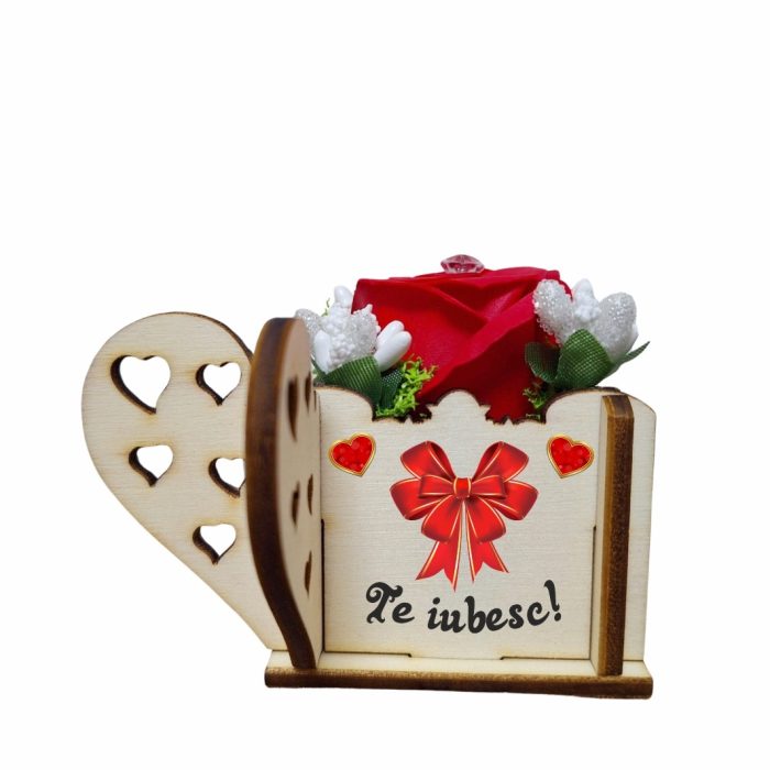 Martisor in Cutie, Trandafir de Sapun, Licheni, Te iubesc, 9,5x9,5 cm, Rosu, CMUV005 - imagine 2