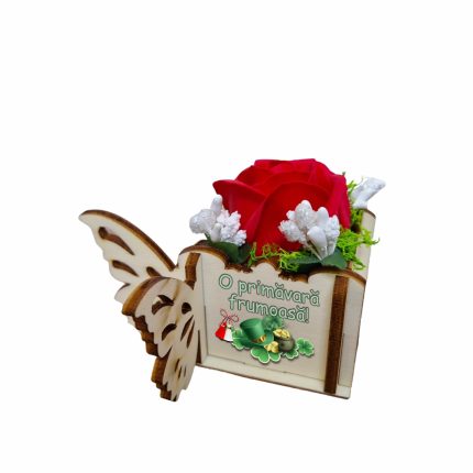 Martisor in Cutie, Trandafir de Sapun, Licheni, O primavara frumoasa, 10x10x5 cm, Rosu, CMUV007