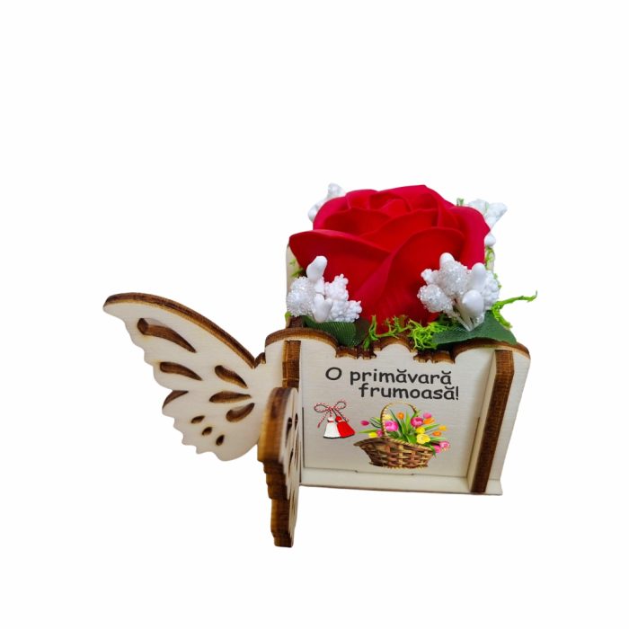 Martisor in Cutie, Trandafir de Sapun, Licheni, O primavara frumoasa, 10x10x5 cm, Rosu, CMUV013 - imagine 4