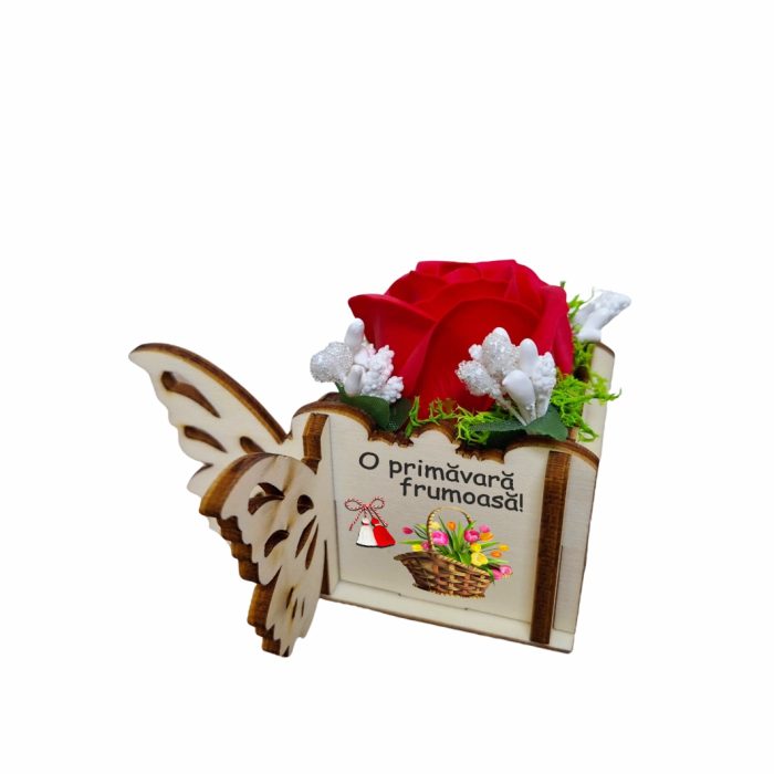 Martisor in Cutie, Trandafir de Sapun, Licheni, O primavara frumoasa, 10x10x5 cm, Rosu, CMUV013 - imagine 1