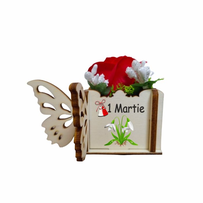 Martisor in Cutie, Trandafir de Sapun, Licheni, O primavara frumoasa, 10x10x5 cm, Rosu, CMUV015 - imagine 2