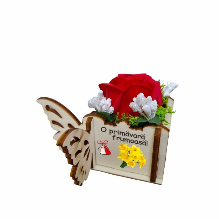 Martisor in Cutie, Trandafir de Sapun, Licheni, O primavara frumoasa, 10x10x5 cm, Rosu, CMUV017 - imagine 1
