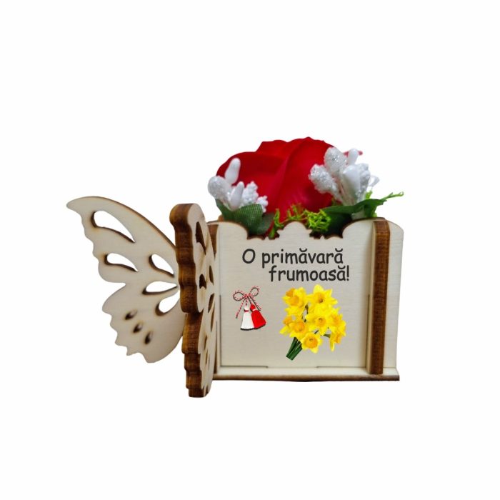 Martisor in Cutie, Trandafir de Sapun, Licheni, O primavara frumoasa, 10x10x5 cm, Rosu, CMUV017 - imagine 2