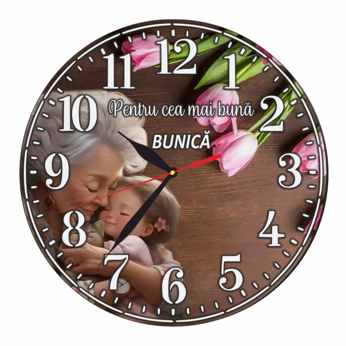 Ceas personalizat pentru bunica, Lemn, 40x40cm, CSMUV003 - imagine 1