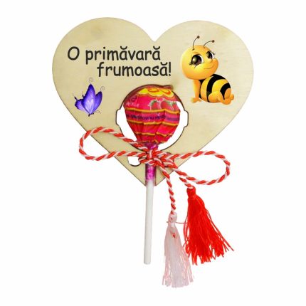 Martisor, Bomboana Chupa Chups, Inima, Lemn, 10x8 cm, Primavara, MBUV001