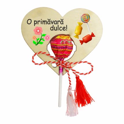 Martisor, Bomboana Chupa Chups, Inima, Lemn, 10x8 cm, Primavara, MBUV002