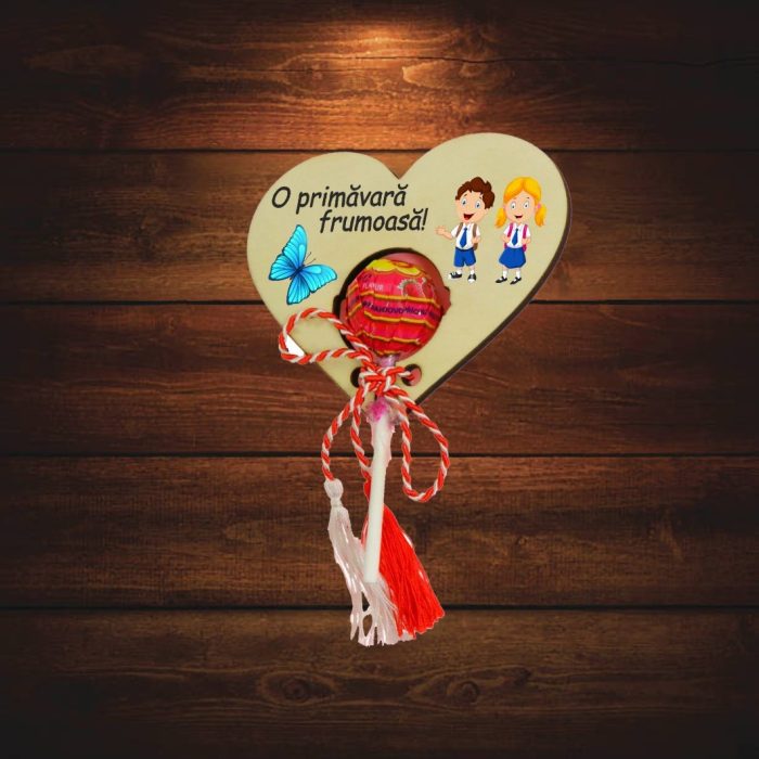 Martisor, Bomboana Chupa Chups, Inima, Lemn, 10x8 cm, Primavara, MBUV008 - imagine 5