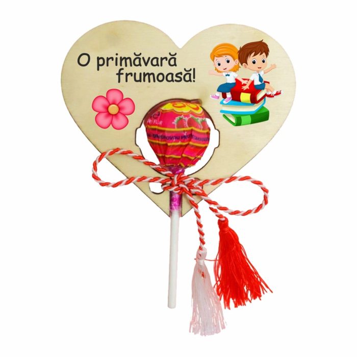 Martisor, Bomboana Chupa Chups, Inima, Lemn, 10x8 cm, Primavara, MBUV009 - imagine 1