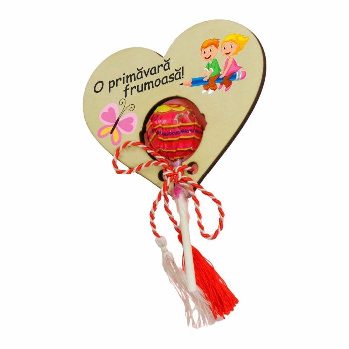 Martisor, Bomboana Chupa Chups, Inima, Lemn, 10x8 cm, Primavara, MBUV010 - imagine 3