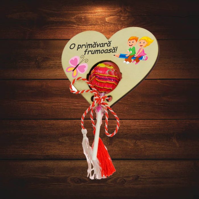 Martisor, Bomboana Chupa Chups, Inima, Lemn, 10x8 cm, Primavara, MBUV010 - imagine 4