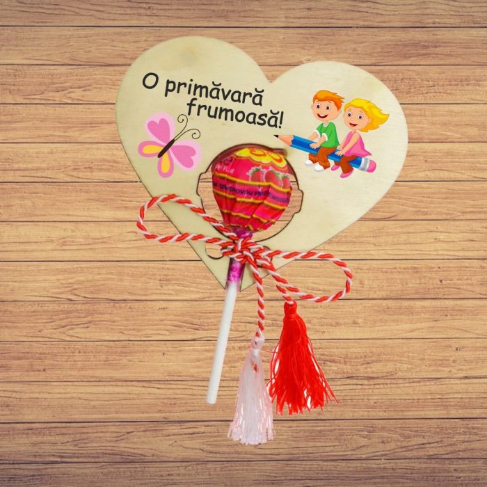 Martisor, Bomboana Chupa Chups, Inima, Lemn, 10x8 cm, Primavara, MBUV010 - imagine 5