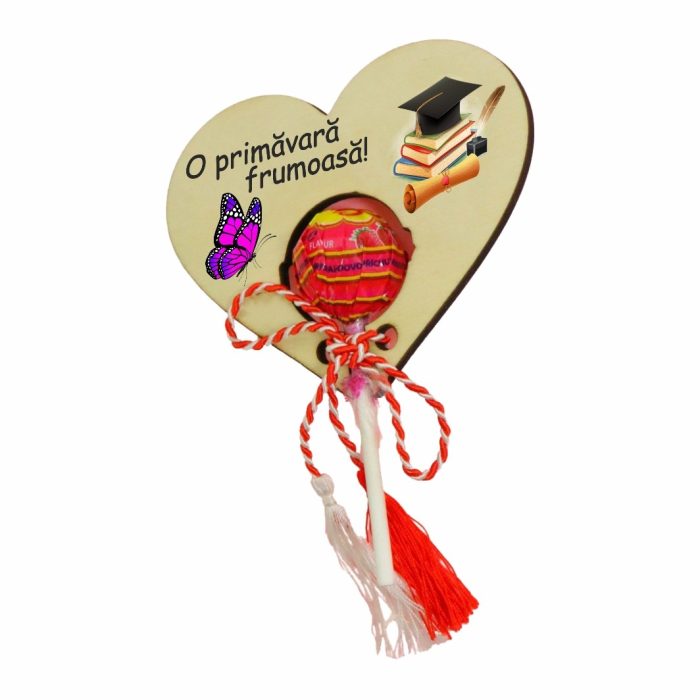 Martisor, Bomboana Chupa Chups, Inima, Lemn, 10x8 cm, Primavara, MBUV011 - imagine 3