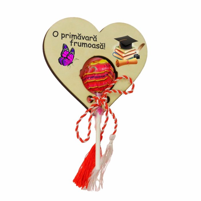 Martisor, Bomboana Chupa Chups, Inima, Lemn, 10x8 cm, Primavara, MBUV011 - imagine 2