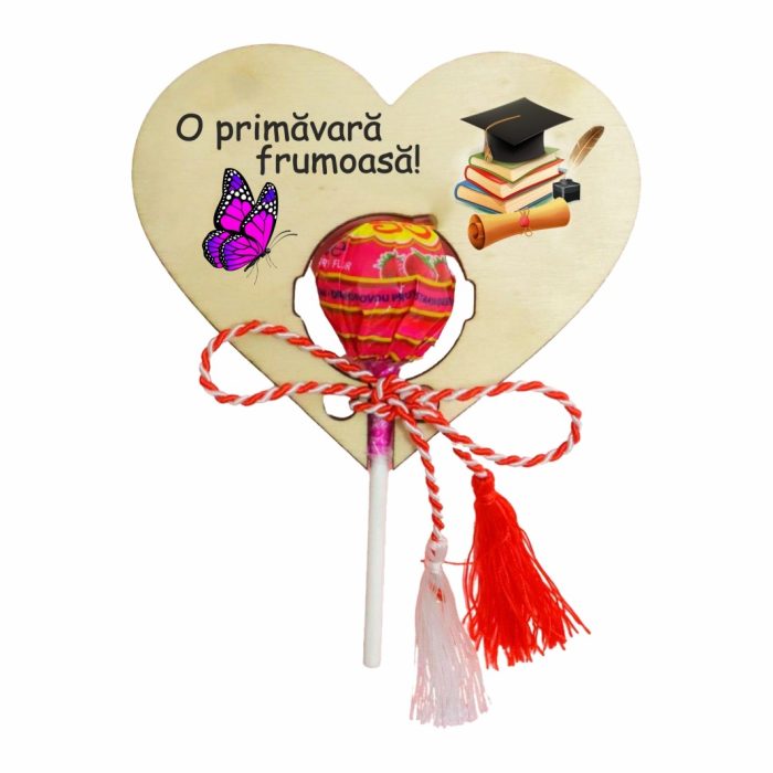 Martisor, Bomboana Chupa Chups, Inima, Lemn, 10x8 cm, Primavara, MBUV011 - imagine 1