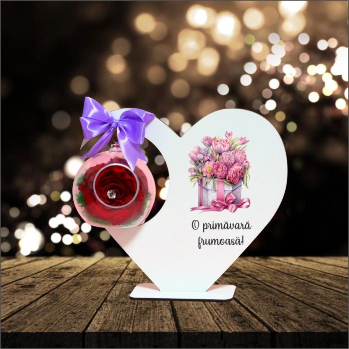Decoratiune cu licheni si trandafir criogenat rosu, Martie, Aniversar, Lemn, 20x18 cm, SPGUV024 - imagine 4