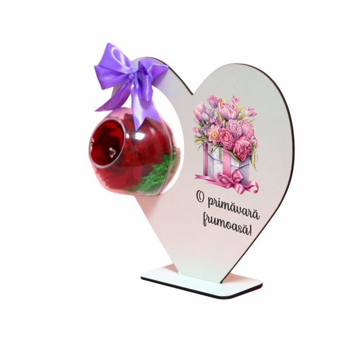 Decoratiune cu licheni si trandafir criogenat rosu, Martie, Aniversar, Lemn, 20x18 cm, SPGUV024 - imagine 3