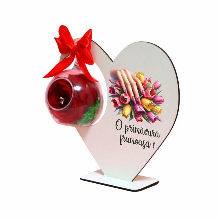 Decoratiune cu licheni si trandafir criogenat rosu, Martie, Aniversar, Lemn, 20x18 cm, SPGUV026 - imagine 2