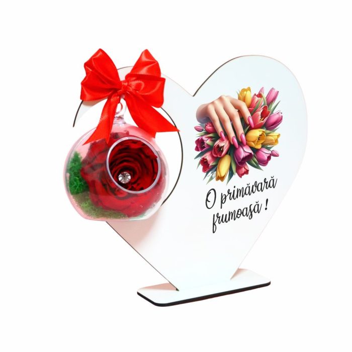 Decoratiune cu licheni si trandafir criogenat rosu, Martie, Aniversar, Lemn, 20x18 cm, SPGUV026 - imagine 3