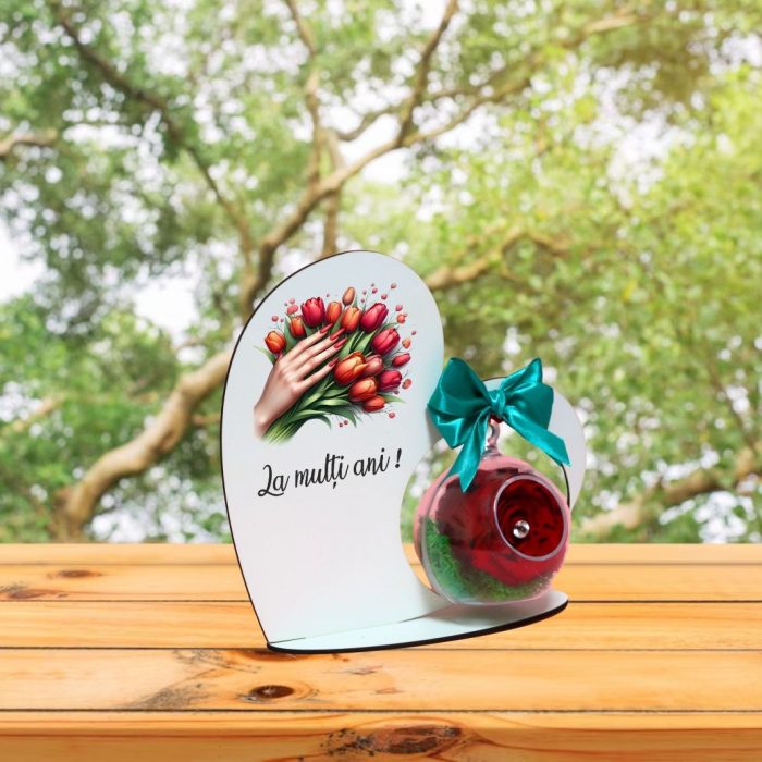 Decoratiune cu licheni si trandafir criogenat rosu, Martie, Aniversar, Lemn, 20x19 cm, SPGUV020 - imagine 5