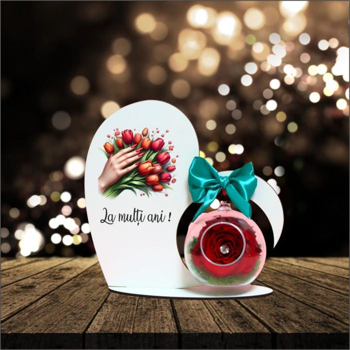 Decoratiune cu licheni si trandafir criogenat rosu, Martie, Aniversar, Lemn, 20x19 cm, SPGUV020 - imagine 4