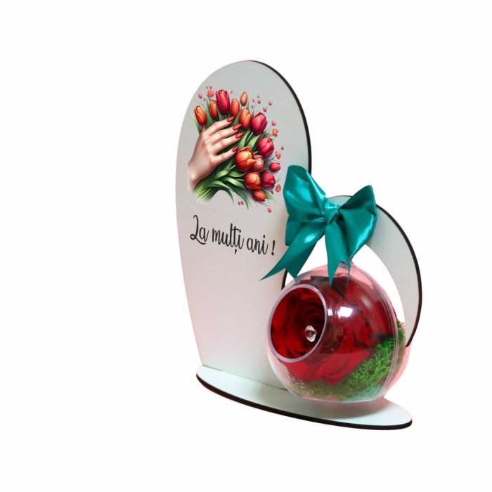 Decoratiune cu licheni si trandafir criogenat rosu, Martie, Aniversar, Lemn, 20x19 cm, SPGUV020 - imagine 3