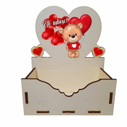 Cutie Aranjament Cu Flori Lemn Te Iubesc Urs Cauv006