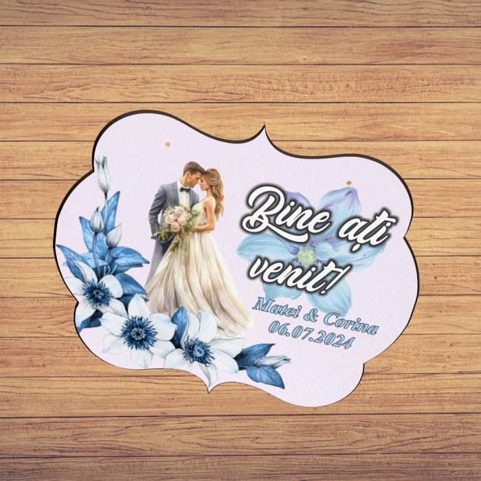 Pancarta Bine Ati Venit, Personalizata, Nunta, Albastru, 40x31cm, PBUV027 - imagine 5