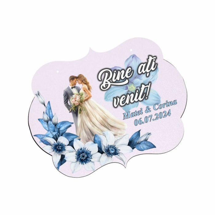 Pancarta Bine Ati Venit, Personalizata, Nunta, Albastru, 40x31cm, PBUV027 - imagine 3