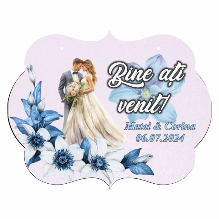 Pancarta Bine Ati Venit, Personalizata, Nunta, Albastru, 40x31cm, PBUV027 - imagine 1