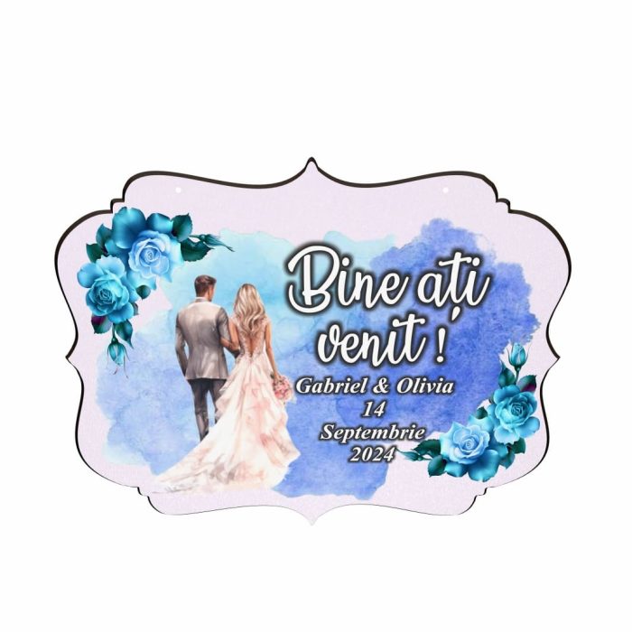 Pancarta Bine Ati Venit, Personalizata, Nunta, Albastru, 40x31cm, PBUV028 - imagine 4