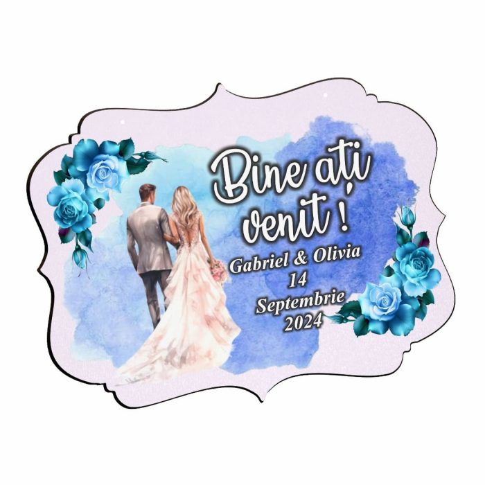 Pancarta Bine Ati Venit, Personalizata, Nunta, Albastru, 40x31cm, PBUV028 - imagine 3