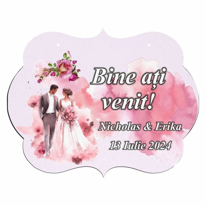 Pancarta Bine Ati Venit, Personalizata, Nunta, Roz, 40x31cm, PBUV032 - imagine 1