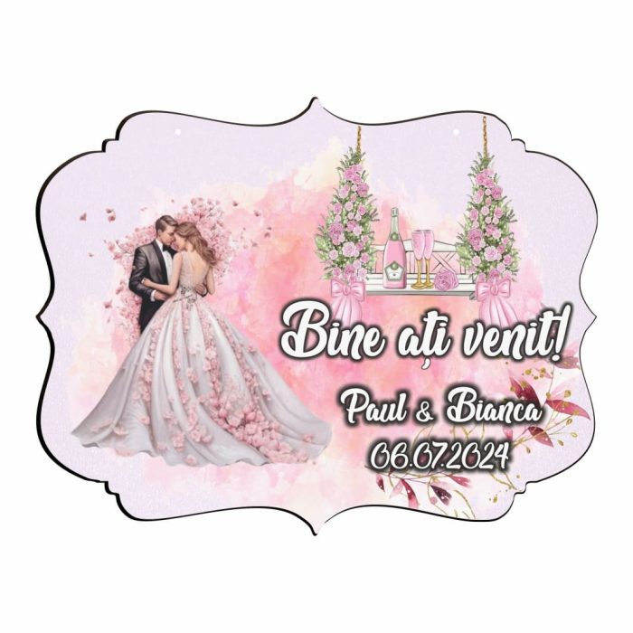 Pancarta Bine Ati Venit, Personalizata, Nunta, Roz, 40x31cm, PBUV034 - imagine 1