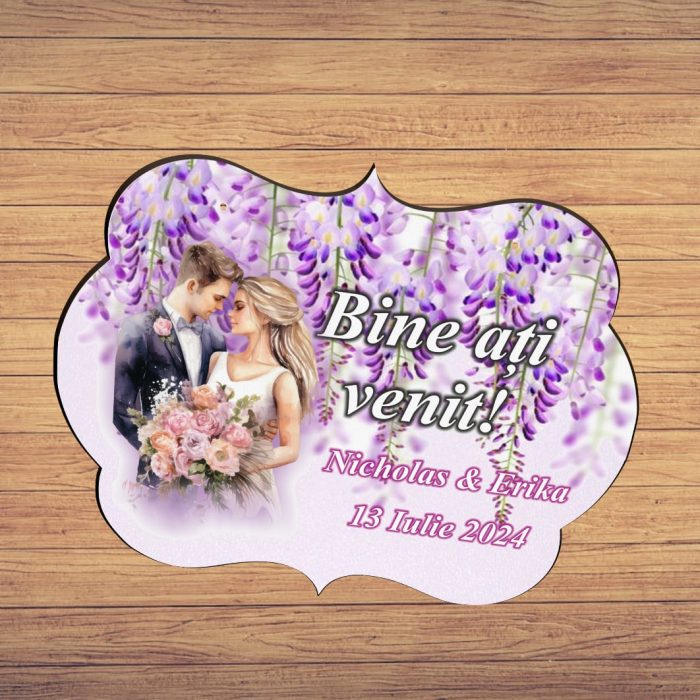 Pancarta Bine Ati Venit, Personalizata, Nunta, Roz, Mov, 40x31cm, PBUV035 - imagine 5