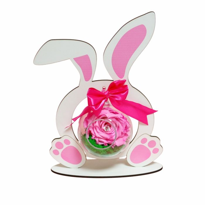 Decoratiune cu licheni si trandafir criogenat roz, Paste, Iepure, Lemn, 23x18 cm, SPGPUV013 - imagine 1