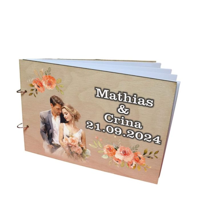 Album Foto Coperta Lemn, Guest Book, Nunta, Piersica, 21x30 cm CANUV006 - imagine 2
