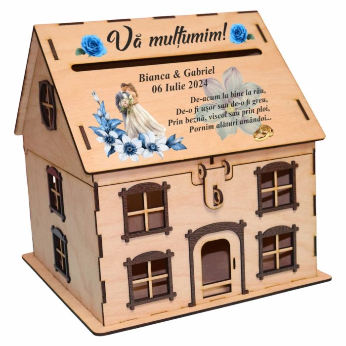 Cutie Dar, Tip Casa, Personalizata, Albastru, Lemn, 30x30 cm, CDNUV025 - imagine 1