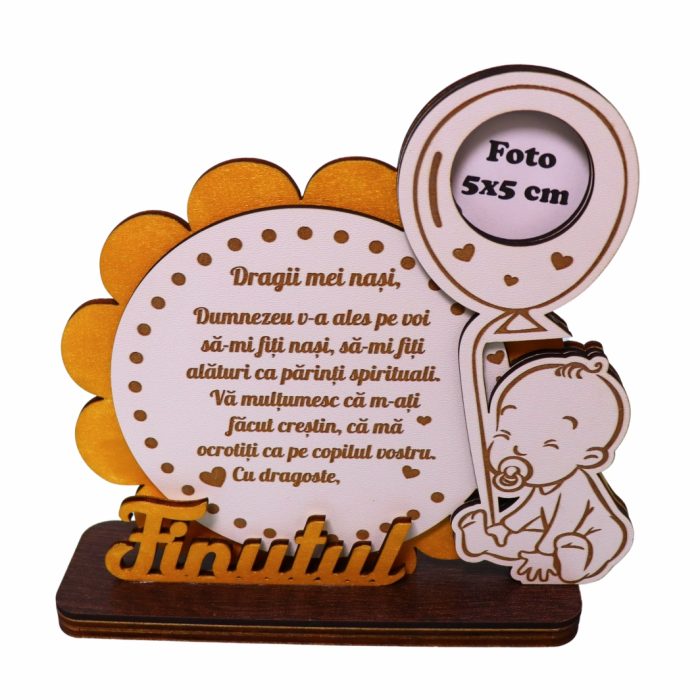 Decoratiune Cadou, Nasi Botez, Baieti, Lemn, Alb, Auriu, 17x16cm, DCNS021 - imagine 4