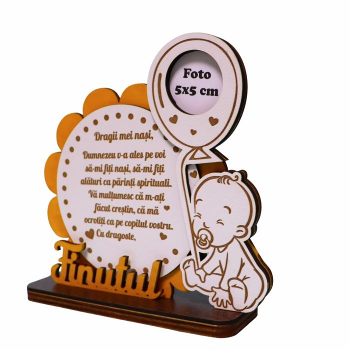 Decoratiune Cadou, Nasi Botez, Baieti, Lemn, Alb, Auriu, 17x16cm, DCNS021 - imagine 3