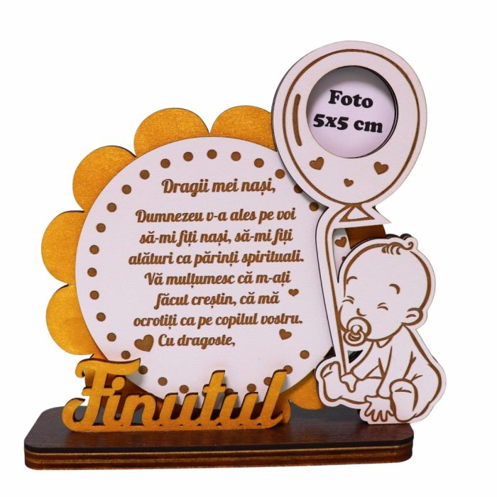 Decoratiune Cadou, Nasi Botez, Baieti, Lemn, Alb, Auriu, 17x16cm, DCNS021 - imagine 1