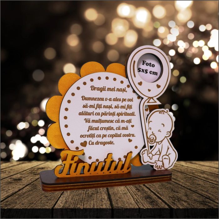Decoratiune Cadou, Nasi Botez, Baieti, Lemn, Alb, Auriu, 17x16cm, DCNS021 - imagine 5