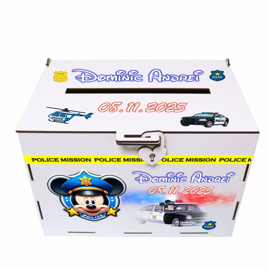cutie dar botez personalizata mickey politist