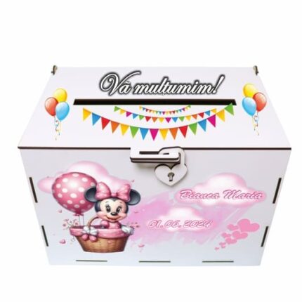 cutie dar botez personalizata minnie roz