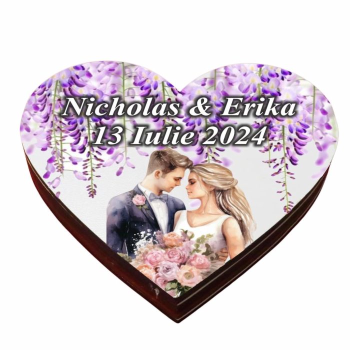 Cutie de verighete cu magnet, Personalizata, Inima, Mov, Lemn, CTV052 - imagine 2