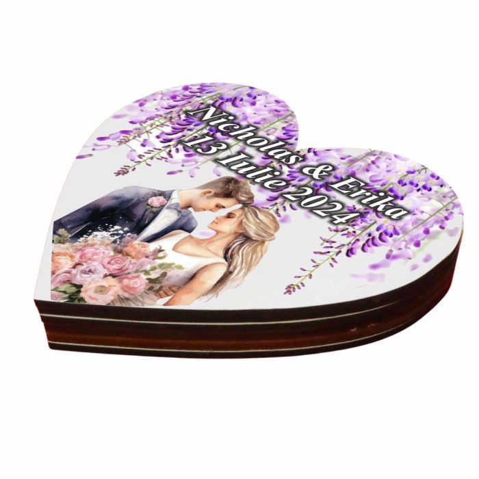 Cutie de verighete cu magnet, Personalizata, Inima, Mov, Lemn, CTV052 - imagine 5