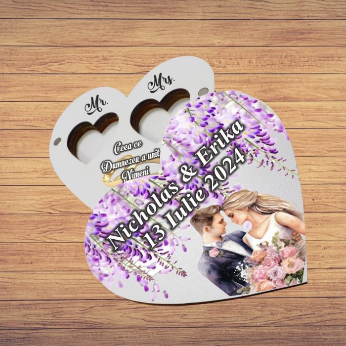 Cutie de verighete cu magnet, Personalizata, Inima, Mov, Lemn, CTV052 - imagine 4